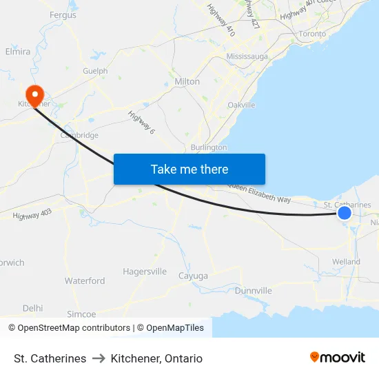 St. Catherines to Kitchener, Ontario map