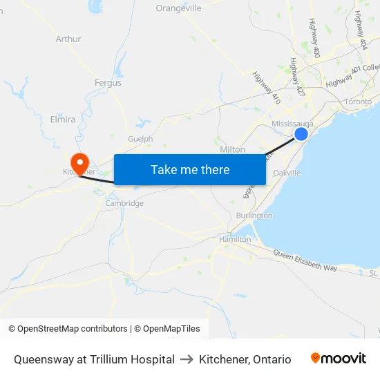 Queensway at Trillium Hospital to Kitchener, Ontario map