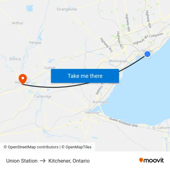 Union Station to Kitchener, Ontario map
