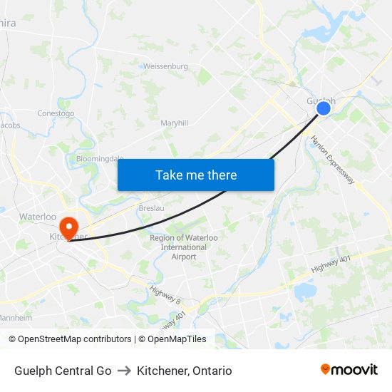 Guelph Central Go to Kitchener, Ontario map