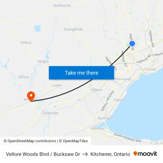 Vellore Woods Blvd / Bucksaw Dr to Kitchener, Ontario map