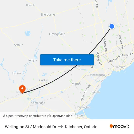 Wellington St / Mcdonald Dr to Kitchener, Ontario map