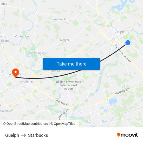 Guelph to Starbucks map