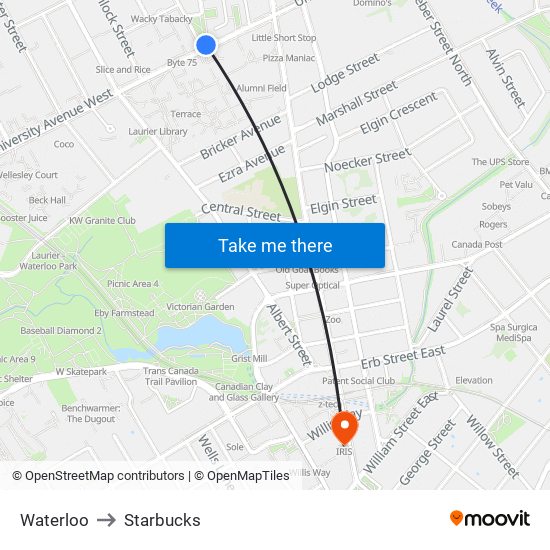 Waterloo to Starbucks map
