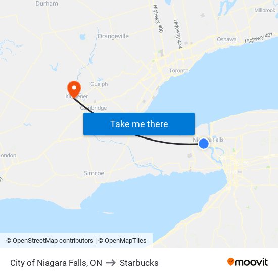 City of Niagara Falls, ON to Starbucks map
