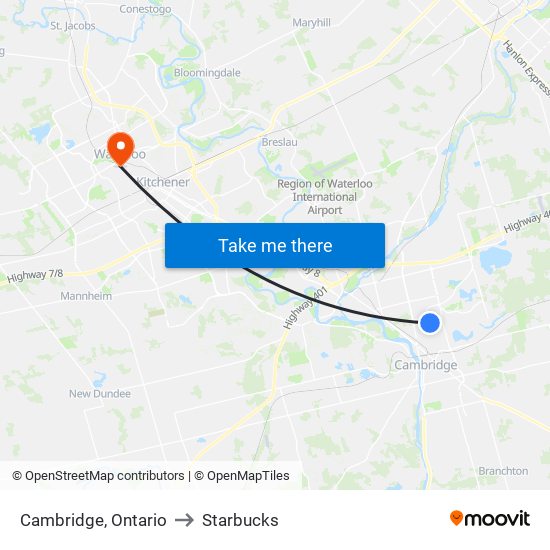 Cambridge, Ontario to Starbucks map