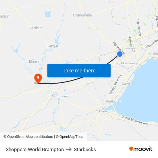 Shoppers World Brampton to Starbucks map