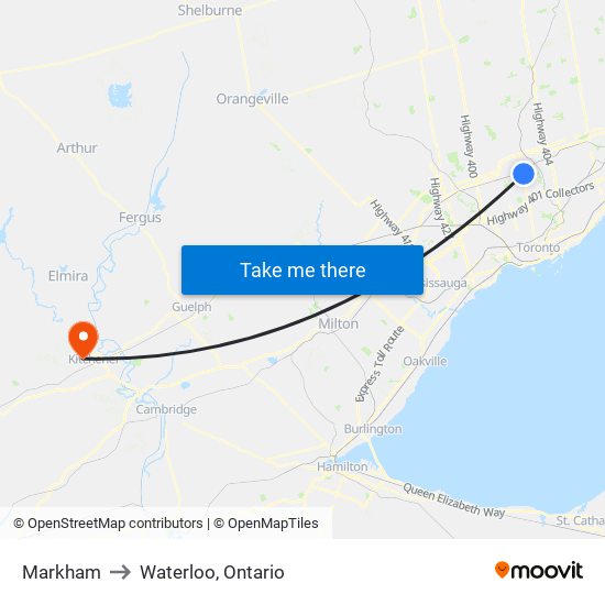 Markham to Waterloo, Ontario map
