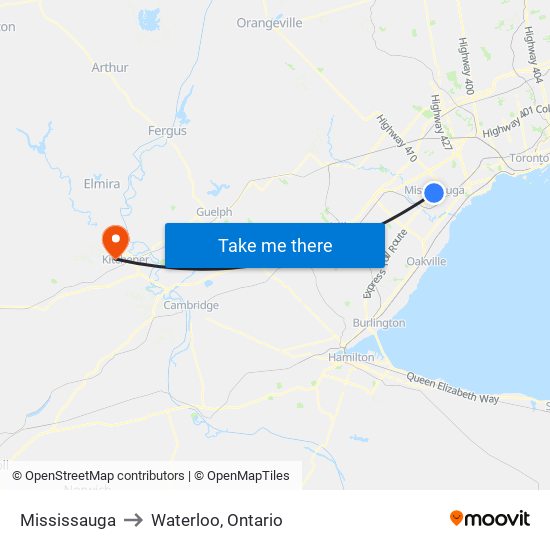 Mississauga to Waterloo, Ontario map