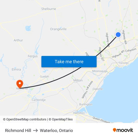 Richmond Hill to Waterloo, Ontario map
