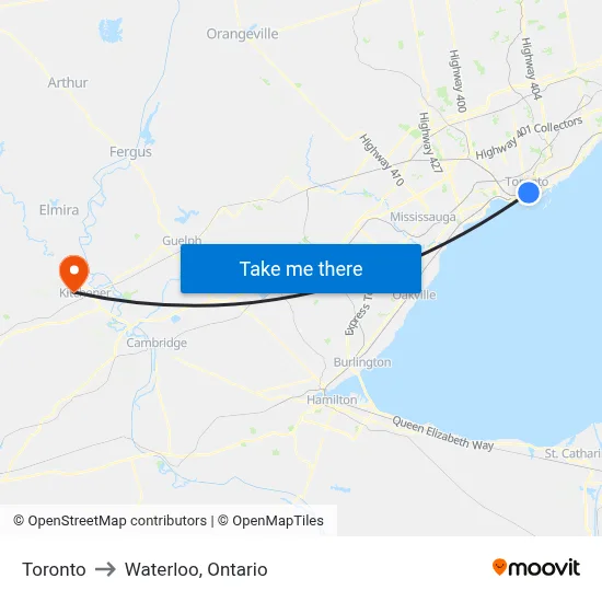 Toronto to Waterloo, Ontario map