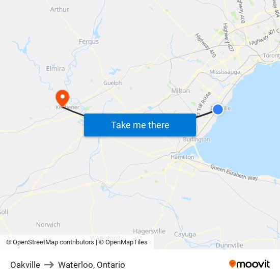 Oakville to Waterloo, Ontario map