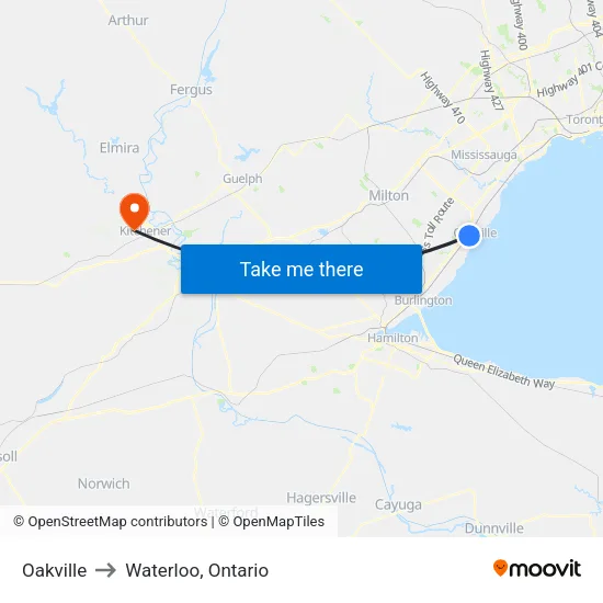 Oakville to Waterloo, Ontario map