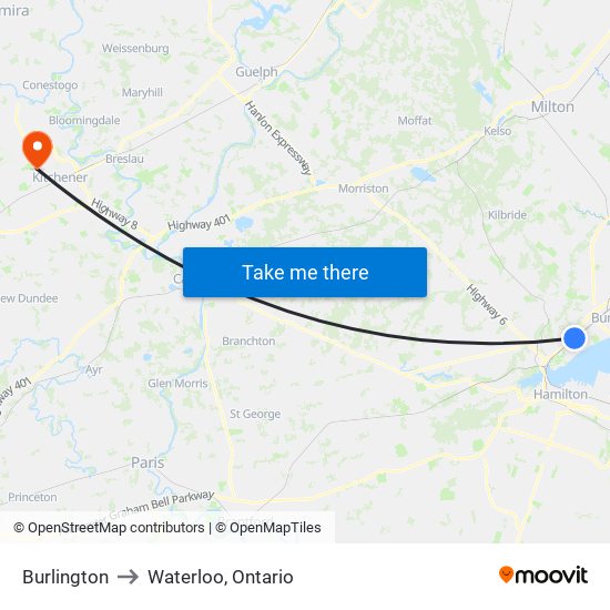 Burlington to Waterloo, Ontario map
