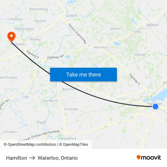 Hamilton to Waterloo, Ontario map