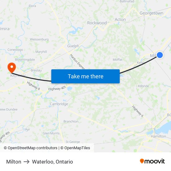 Milton to Waterloo, Ontario map