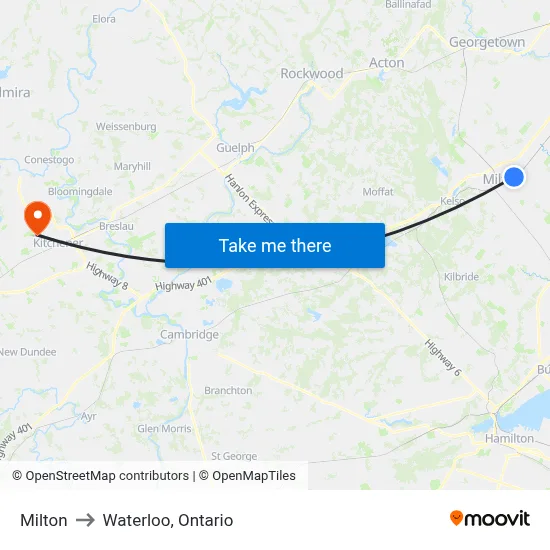 Milton to Waterloo, Ontario map
