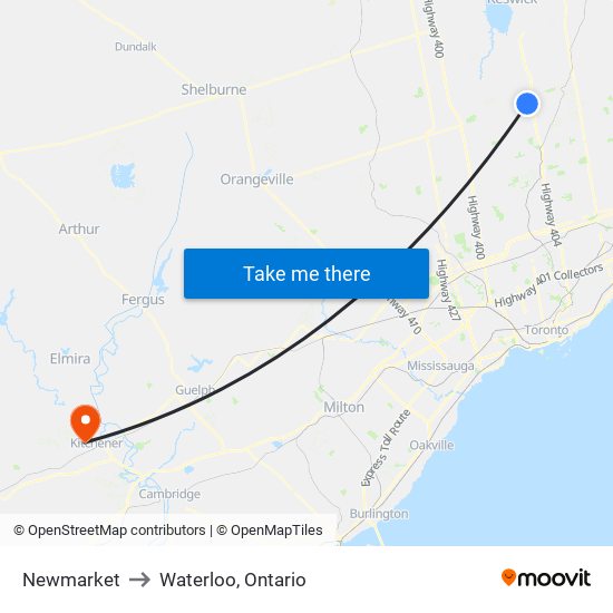 Newmarket to Waterloo, Ontario map