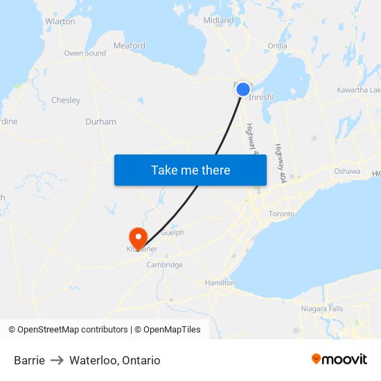 Barrie to Waterloo, Ontario map