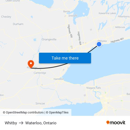 Whitby to Waterloo, Ontario map