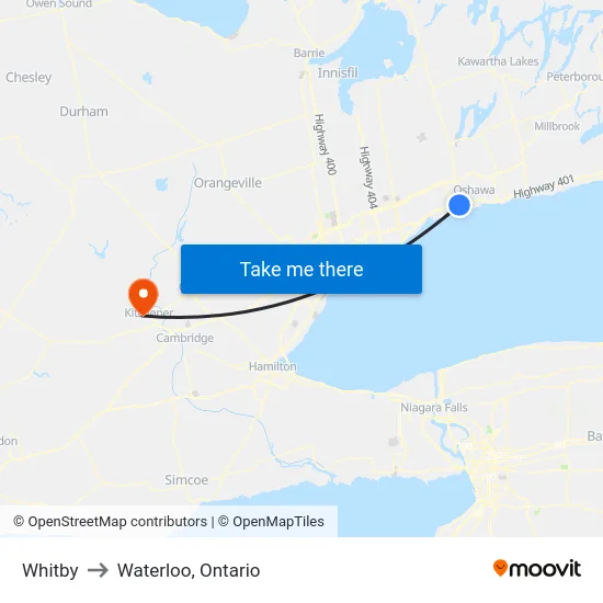 Whitby to Waterloo, Ontario map