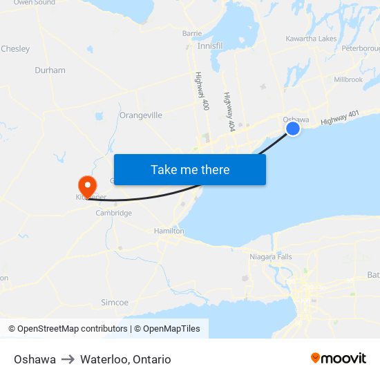 Oshawa to Waterloo, Ontario map