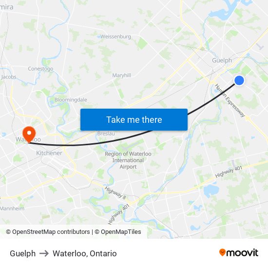Guelph to Waterloo, Ontario map