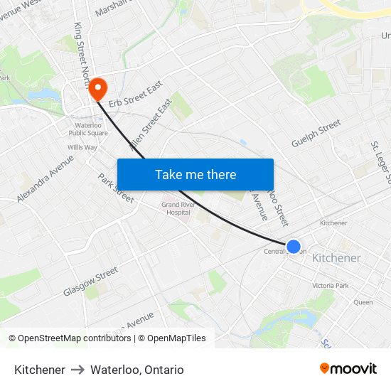 Kitchener to Waterloo, Ontario map