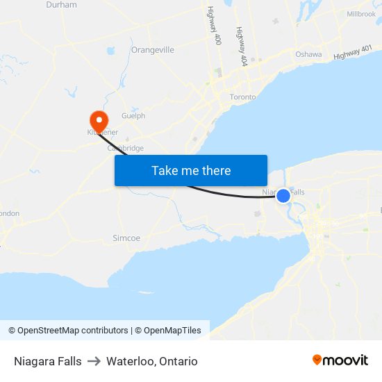 Niagara Falls to Waterloo, Ontario map