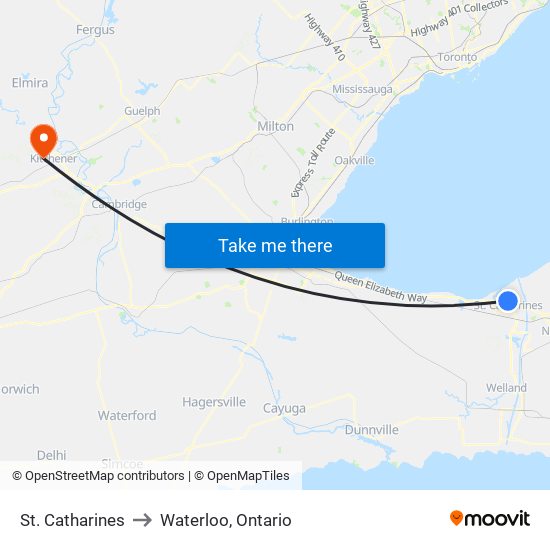 St. Catharines to Waterloo, Ontario map