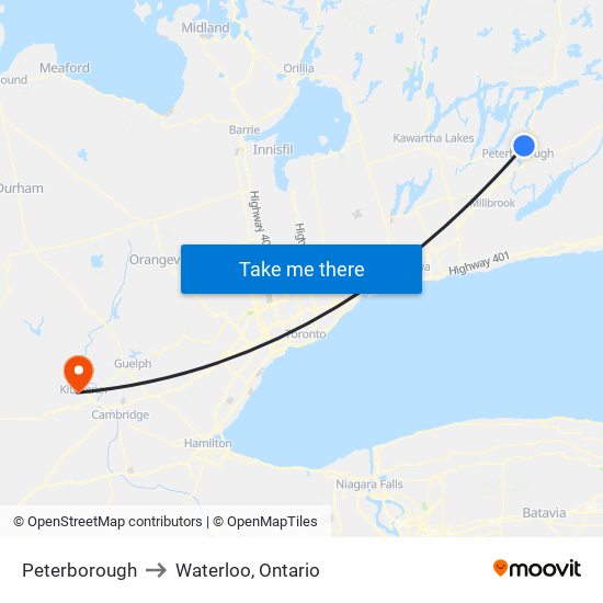 Peterborough to Waterloo, Ontario map