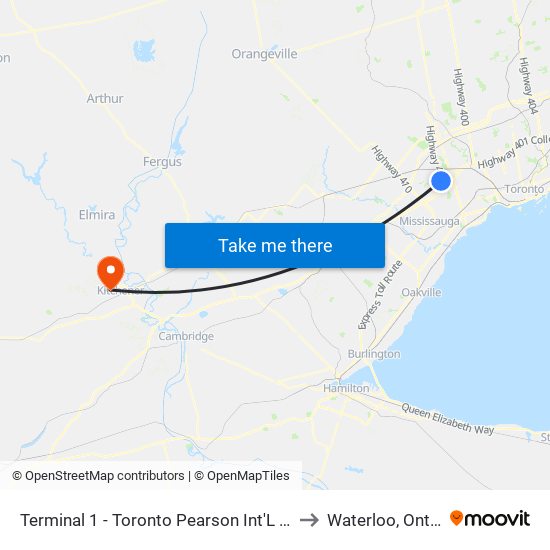 Terminal 1 - Toronto Pearson Int'L Airport to Waterloo, Ontario map