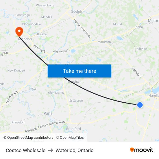 Costco Wholesale to Waterloo, Ontario map