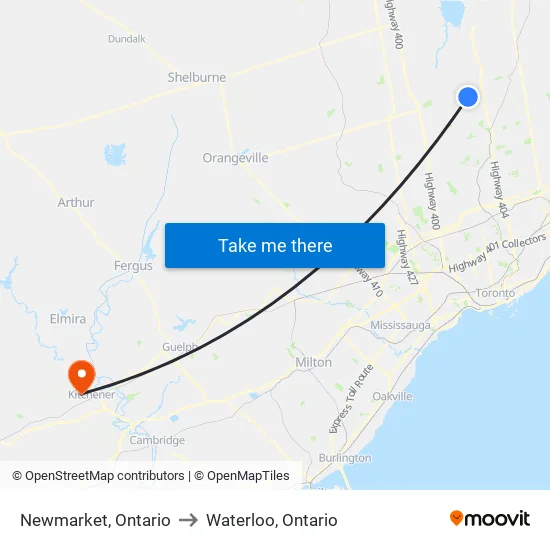 Newmarket, Ontario to Waterloo, Ontario map