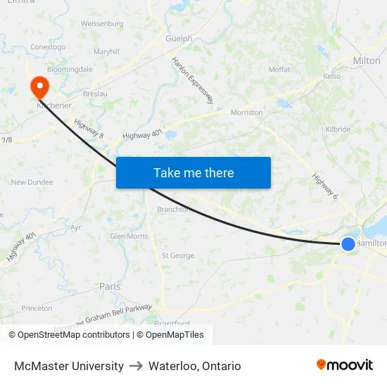 McMaster University to Waterloo, Ontario map
