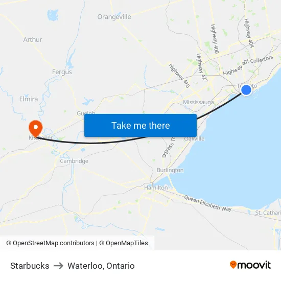 Starbucks to Waterloo, Ontario map
