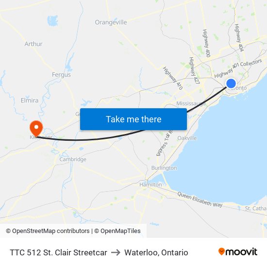 TTC 512 St. Clair Streetcar to Waterloo, Ontario map