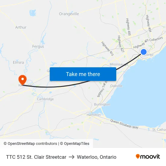 TTC 512 St. Clair Streetcar to Waterloo, Ontario map