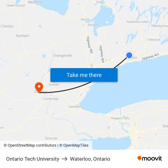 Ontario Tech University to Waterloo, Ontario map