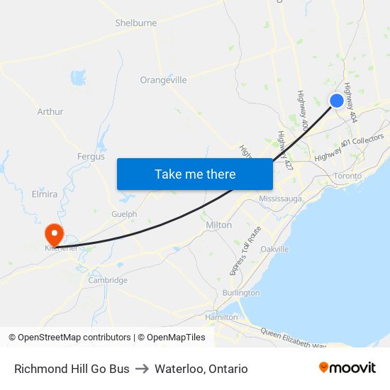 Richmond Hill Go Bus to Waterloo, Ontario map