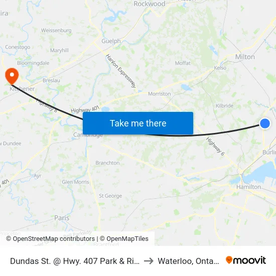 Dundas St. @ Hwy. 407 Park & Ride to Waterloo, Ontario map