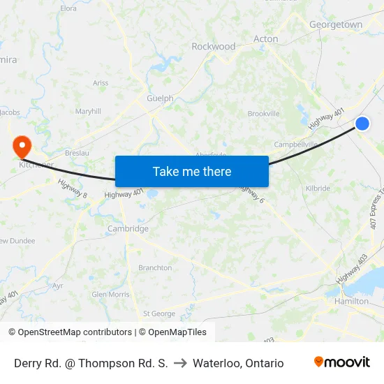 Derry Rd. @ Thompson Rd. S. to Waterloo, Ontario map