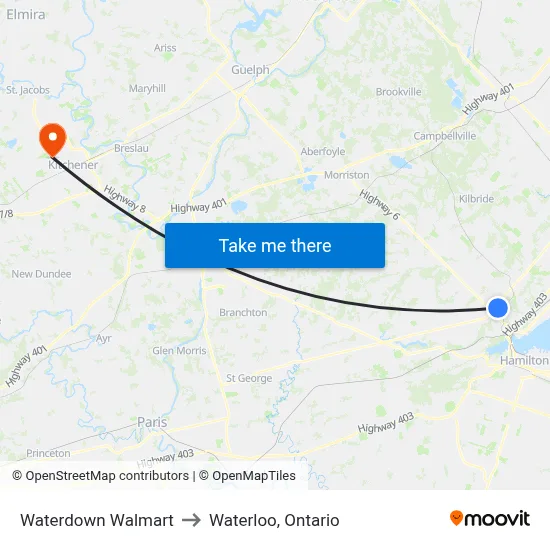 Waterdown Walmart to Waterloo, Ontario map