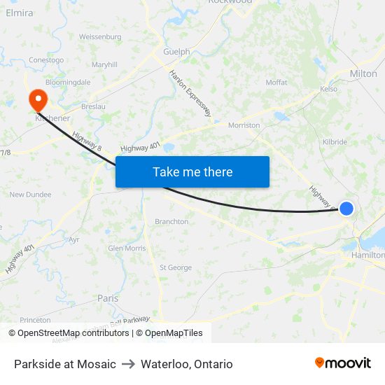 Parkside at Mosaic to Waterloo, Ontario map