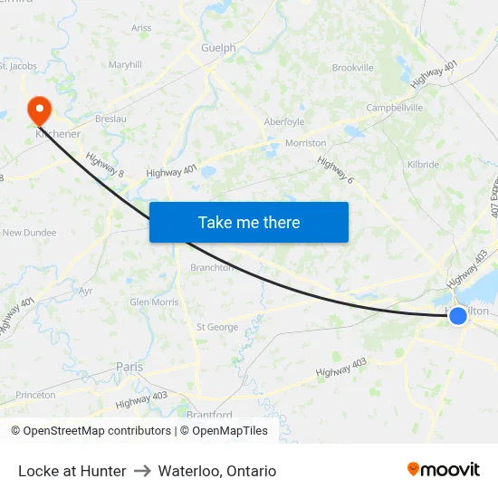 Locke at Hunter to Waterloo, Ontario map