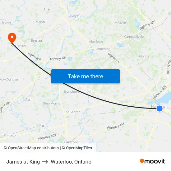 James at King to Waterloo, Ontario map