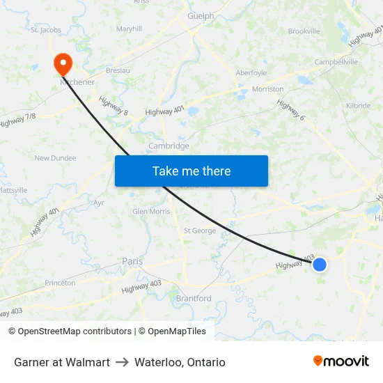 Garner at Walmart to Waterloo, Ontario map