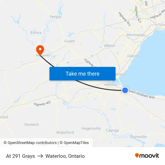 At 291 Grays to Waterloo, Ontario map