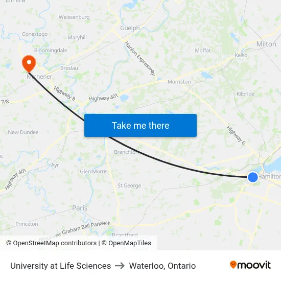 University at Life Sciences to Waterloo, Ontario map