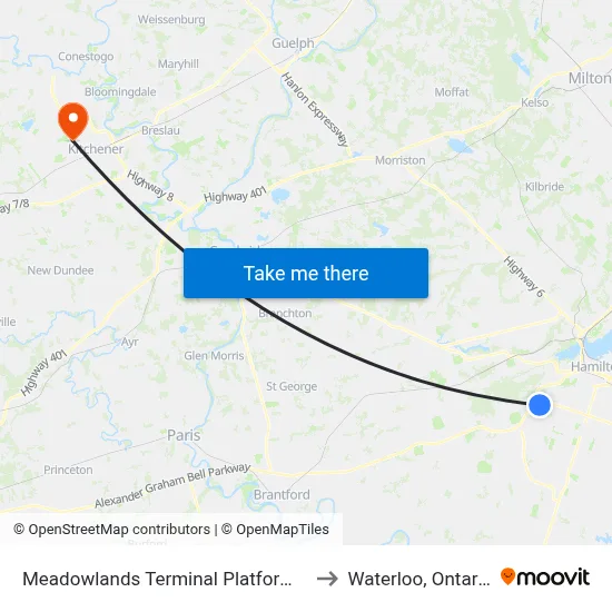 Meadowlands Terminal Platform 2 to Waterloo, Ontario map